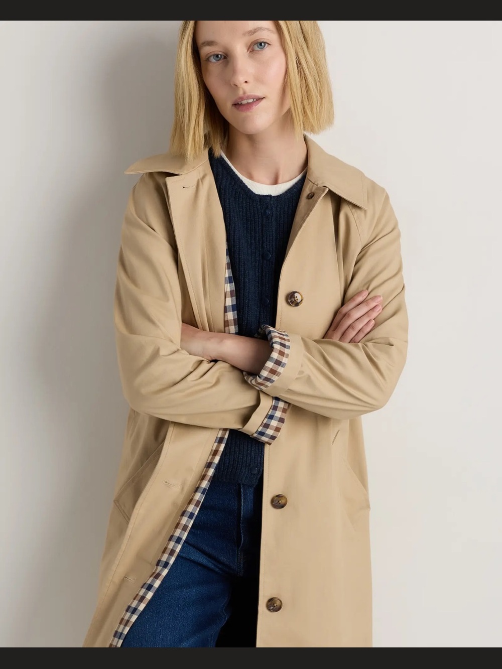 Quince Beige Trench Coat with Plaid Lining